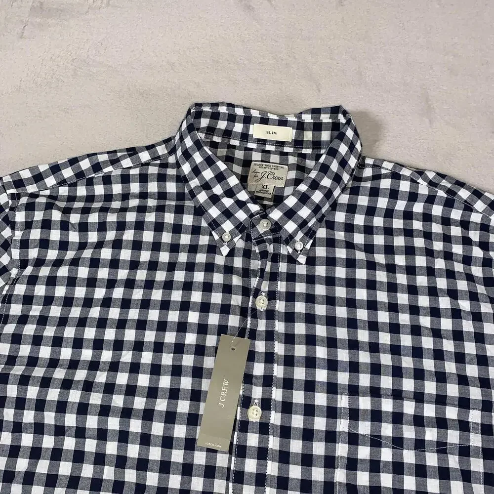 J Crew Shirt Mens XL‎ Navy Check Slim Stretch Secret Wash Organic Cotton NEW